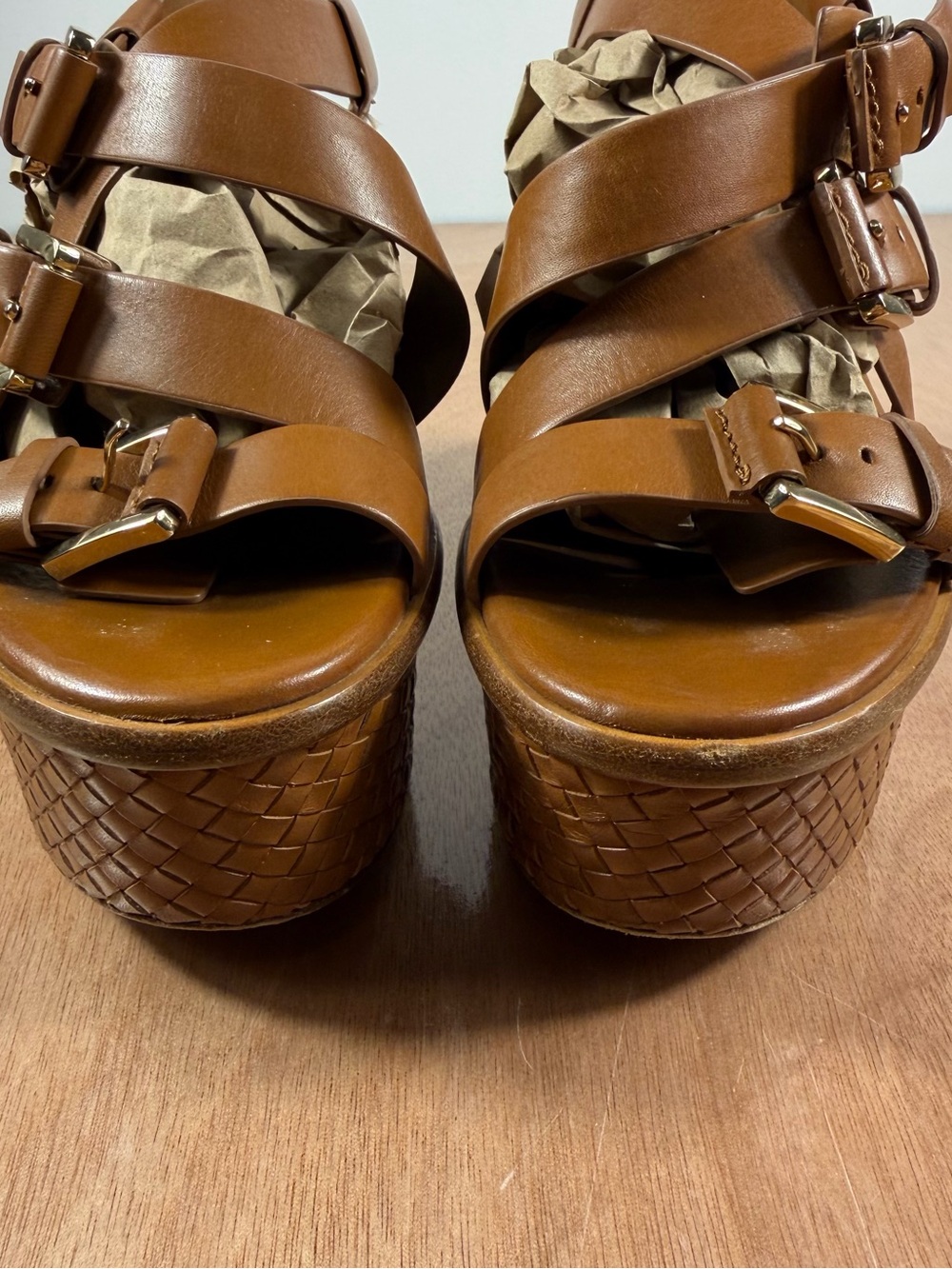 Michael Kors Collection Varick Brown Leather Platform Wedge Sandals Sz 37 Italy - Picture 8 of 16